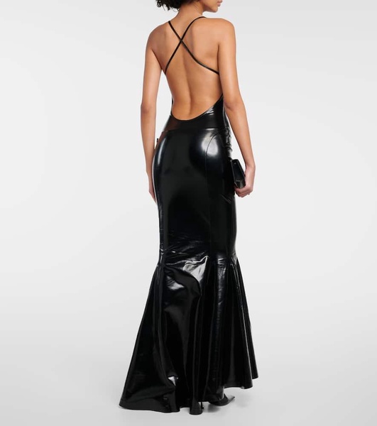 Open-back faux patent leather maxi dress