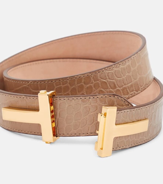 Double T croc-effect leather belt