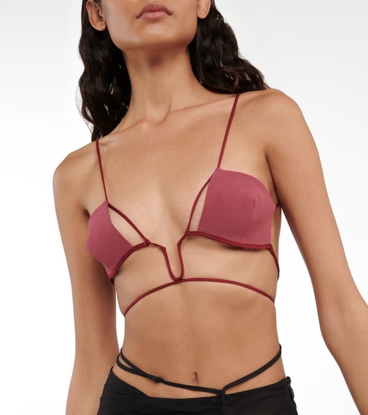 Tie-trimmed gabardine bra