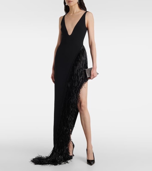 Fringed asymmetric cady gown