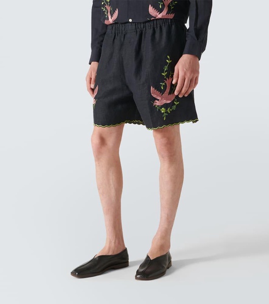 Rosefinch embroidered linen Bermuda shorts