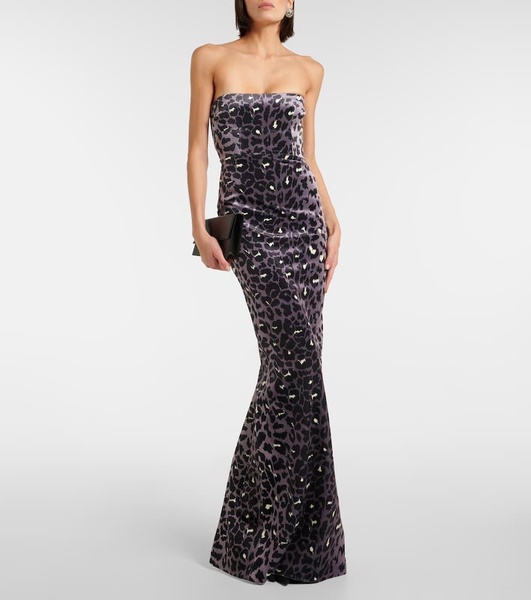 Leopard-print strapless velvet gown