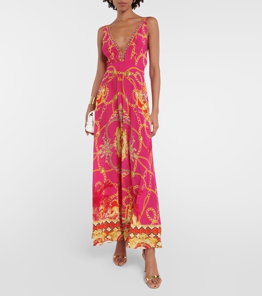 V-neck printed silk maxi dress