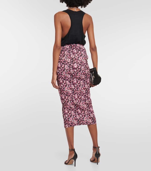 Printed ruched jersey midi skirt