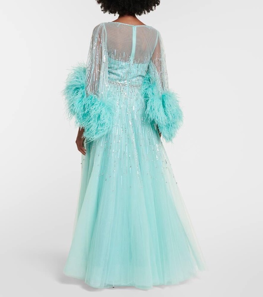 Imani embellished faux-feather trimmed gown