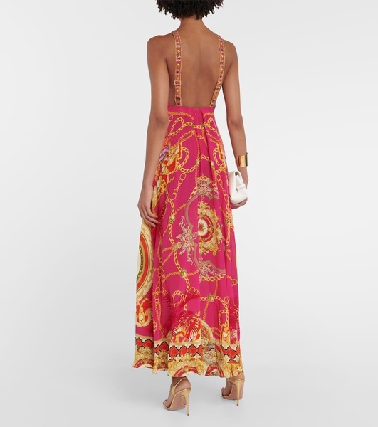 V-neck printed silk maxi dress