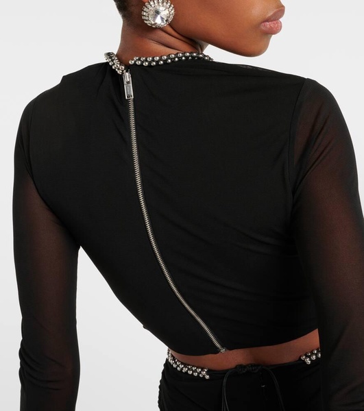 Embellished cutout jersey crop top