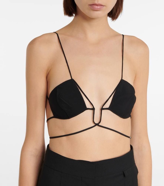 Tie-trimmed gabardine bra