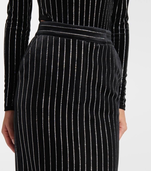 Column embellished pinstripe velvet maxi skirt