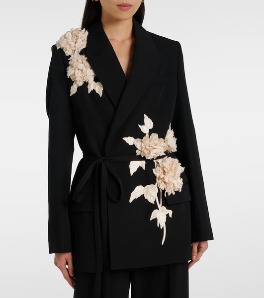 Floral-appliqué wool grain de powder jacket