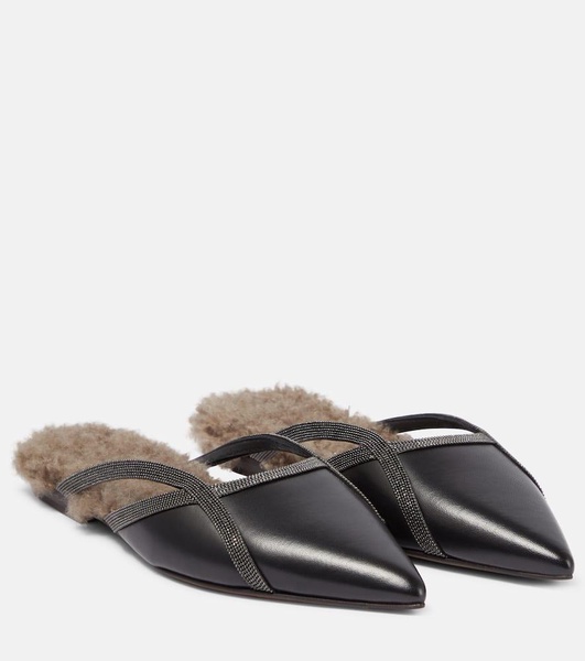 Shearling-trimmed leather slippers