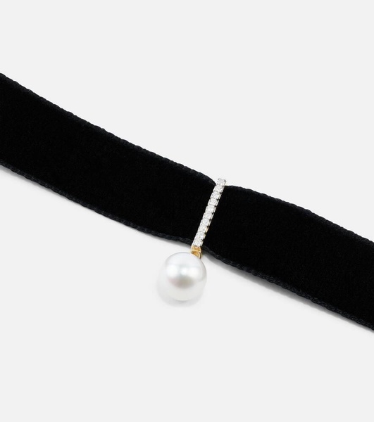 14kt gold and velvet choker with pearl and diamonds