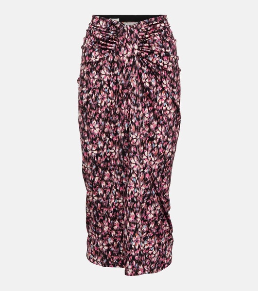 Printed ruched jersey midi skirt