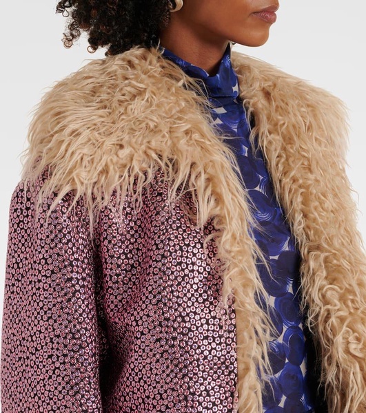 Faux fur-trimmed embellished jacket