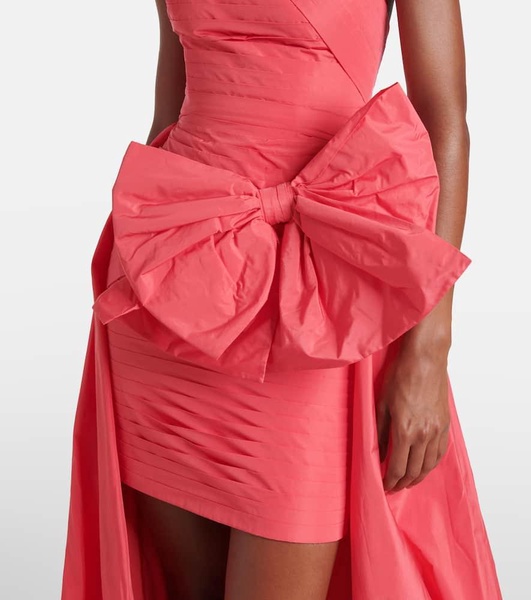 Bow-detail draped pleated taffeta minidress