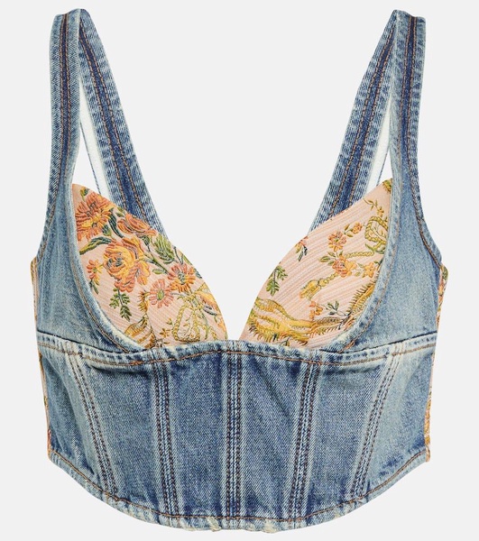 Floral cropped denim bustier top