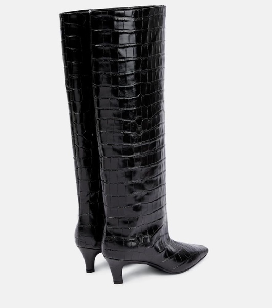 Croc-effect leather knee-high boots