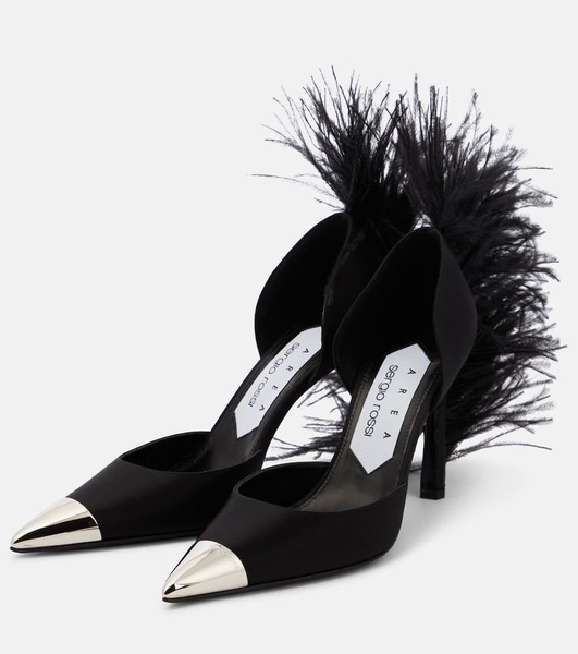 x Sergio Rossi Amazona feather-trimmed denim pumps