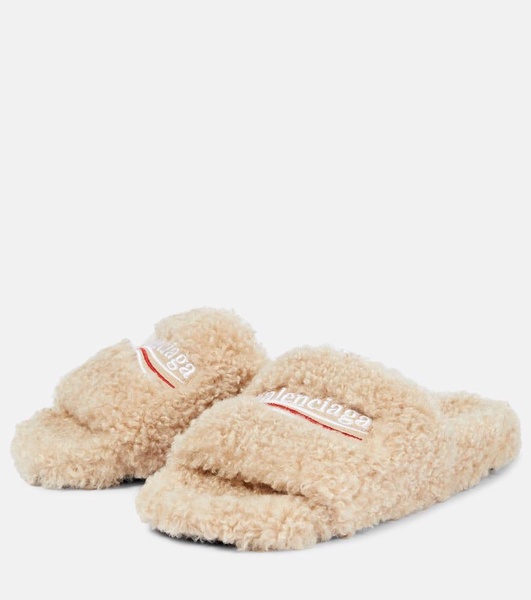 campaign-logo faux-shearling slides