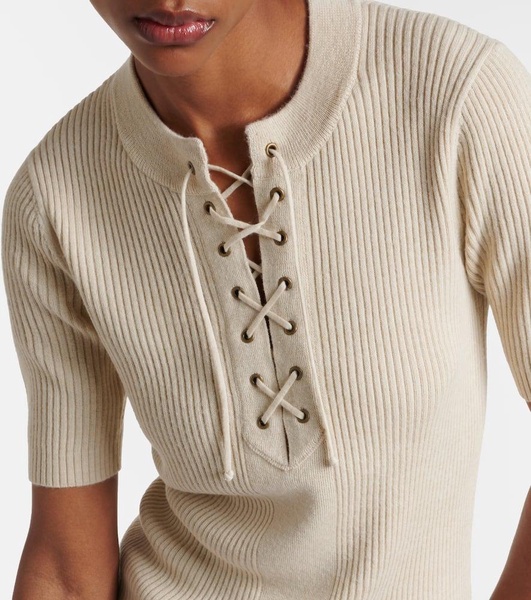 Lace-up ribbed-knit wool-blend top