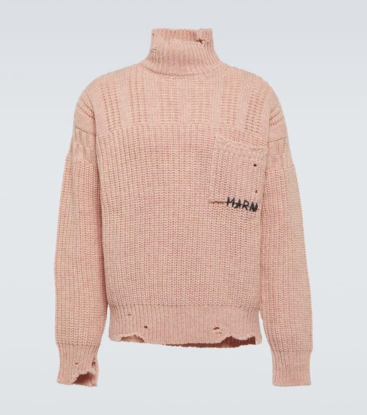 Distressed virgin wool turtleneck sweater