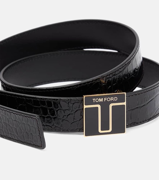 Logo croc-effect patent leather belt