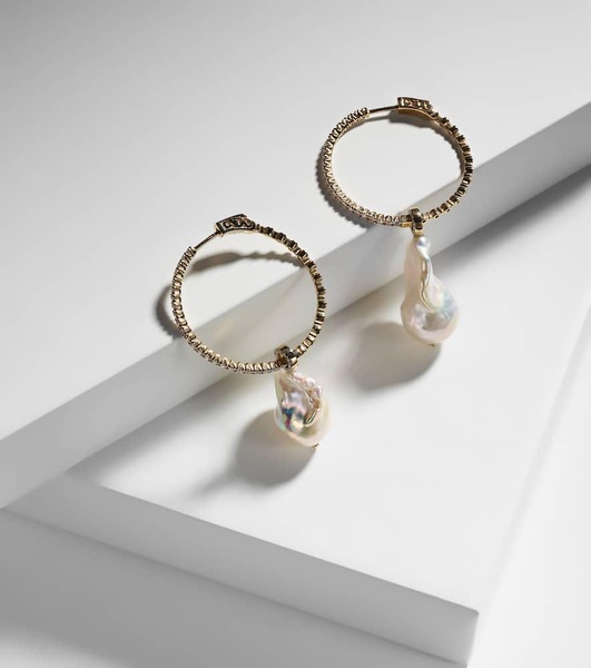 14kt gold hoop earrings with Baroque pearls and diamonds