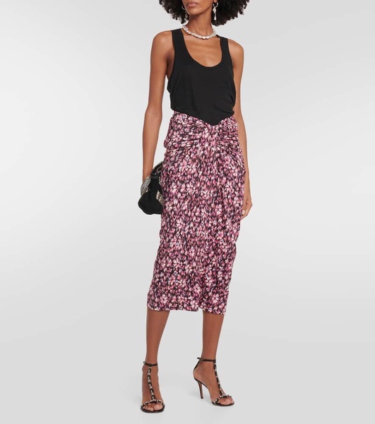 Printed ruched jersey midi skirt