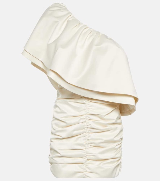 Mini White One-shoulder Dress With Large Ruffles In Ruched Polyester Woman