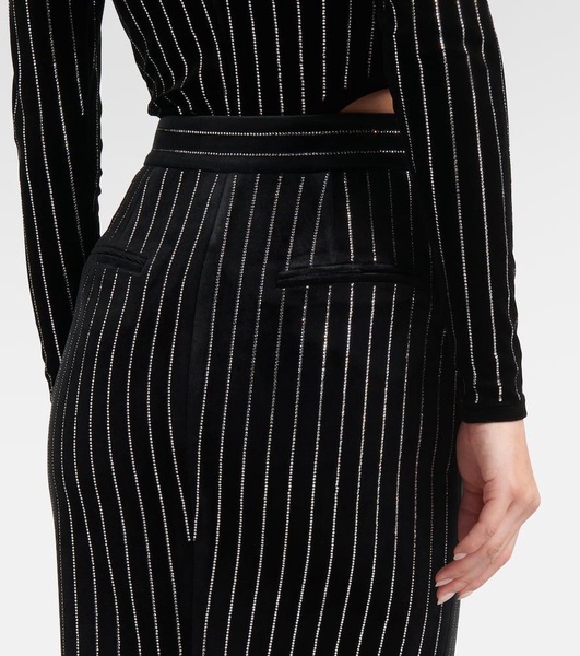 Column embellished pinstripe velvet maxi skirt