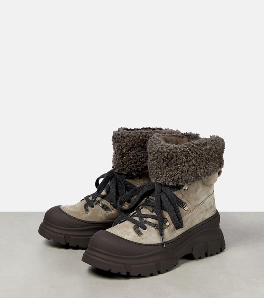 Shearling-trimmed suede combat boots