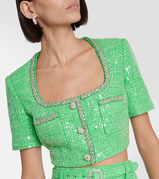 Sequined embellished bouclé crop top