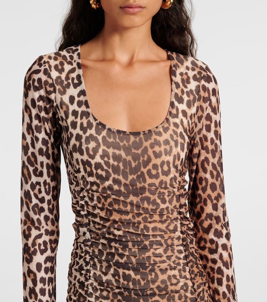 Leopard-print ruched mesh midi dress