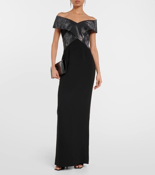 Off-shoulder cady and velvet gown