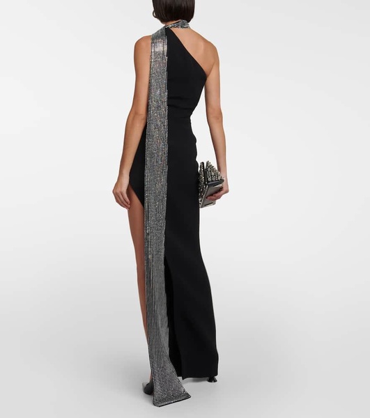 Crystal-embellished scarf gown 