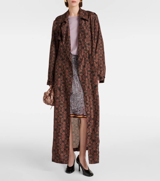 Printed silk satin trench coat