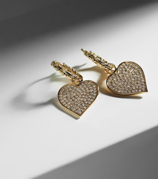 14kt gold scalloped heart charm hoop earrings with diamonds