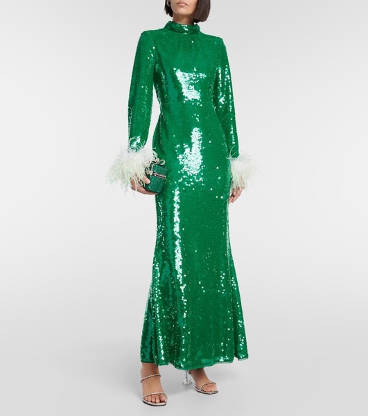 Sequined feather-trimmed gown