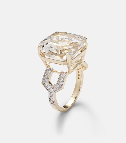 14kt gold ring with quartz and diamonds