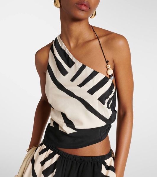 Arte printed one-shoulder silk satin crop top