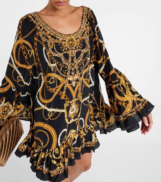 Printed off-shoulder silk crêpe minidress