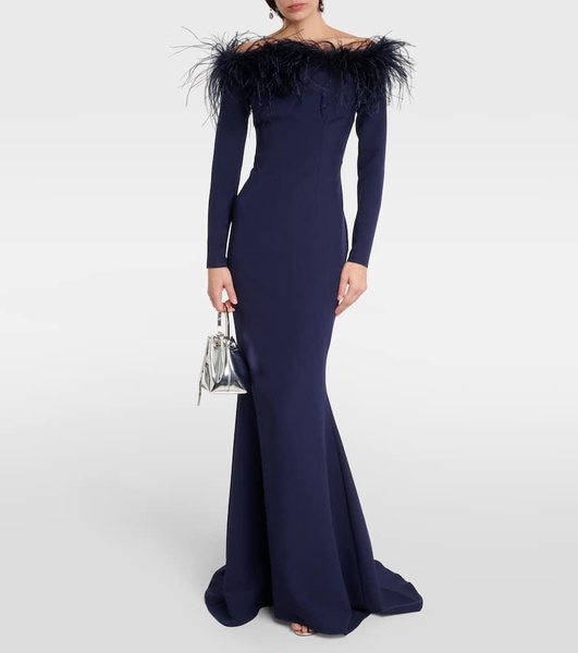 Starlana feather-trimmed off-shoulder gown