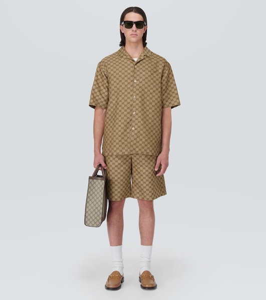 Camp-Collar Monogrammed Linen-Blend Jacquard Shirt