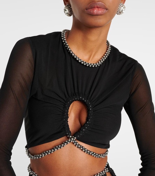 Embellished cutout jersey crop top