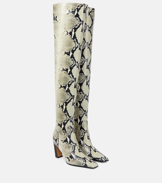 Snake-effect leather knee-high boots