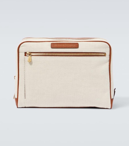 Leather-trimmed canvas toiletry bag