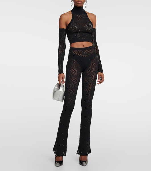 Embellished high-rise flared lace pants