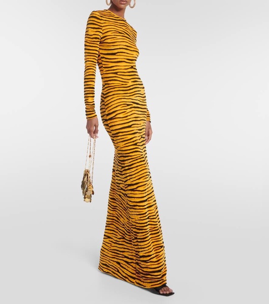 Tiger-print velvet maxi dress