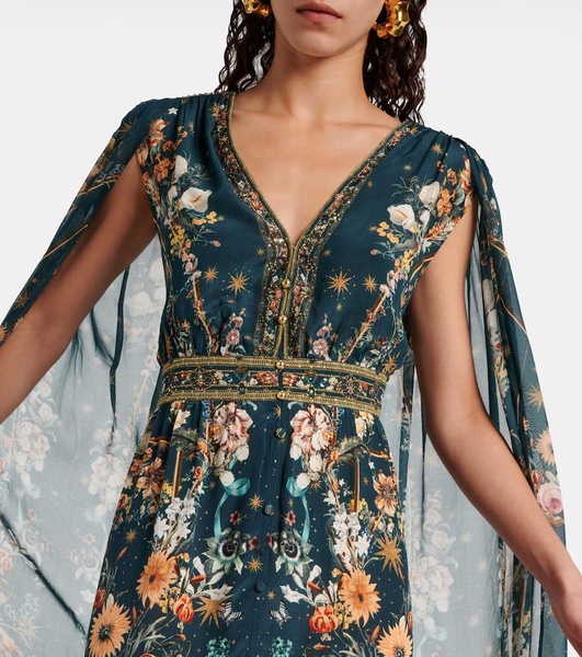 Crystal-embellished caped silk crêpe gown