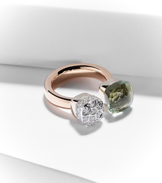 Nudo 18kt rose and white gold ring with diamonds and prasiolite 